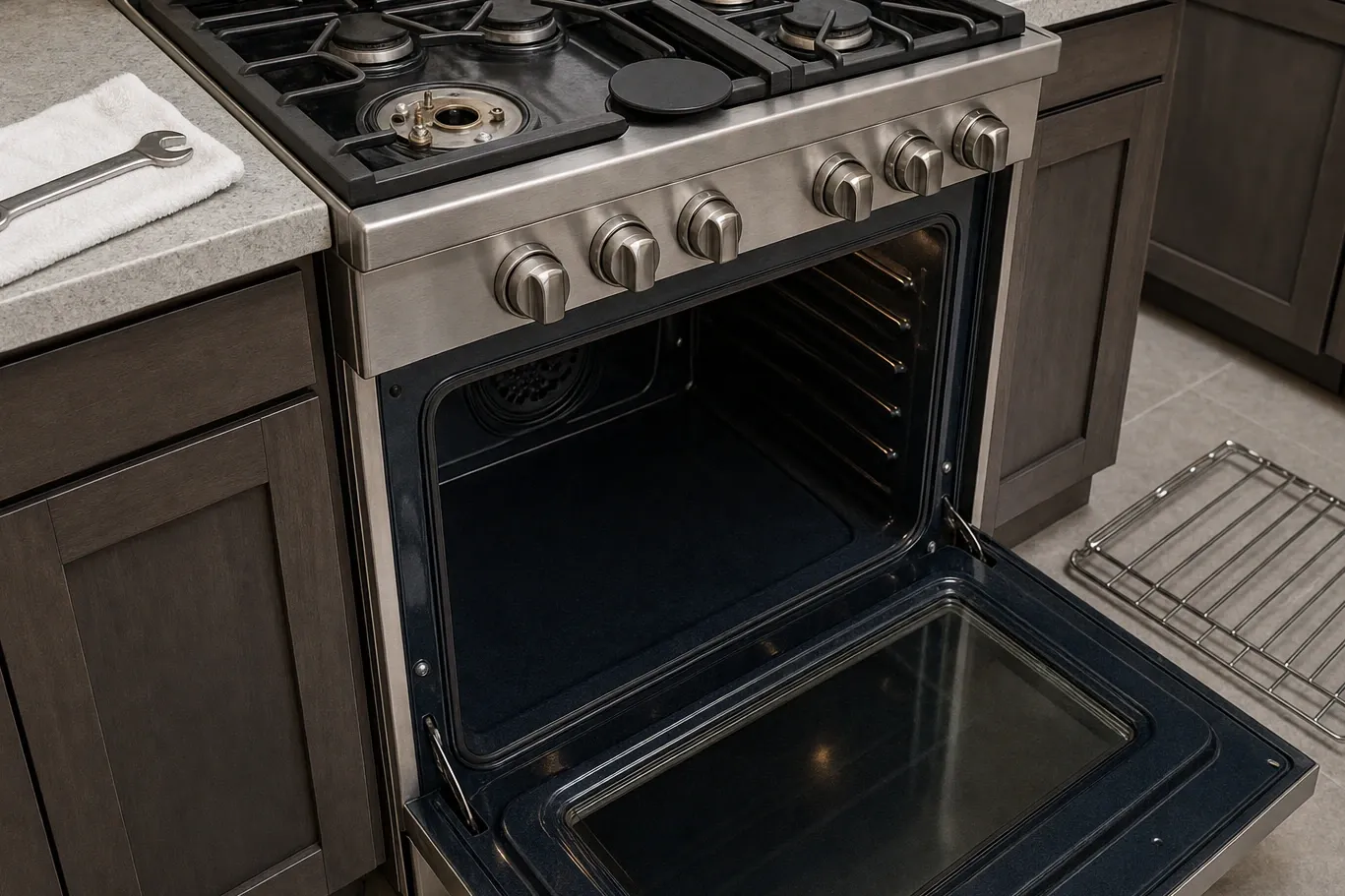 Pro-style stainless range with the oven door open and one cooktop burner taken apart, its cap resting on the surface