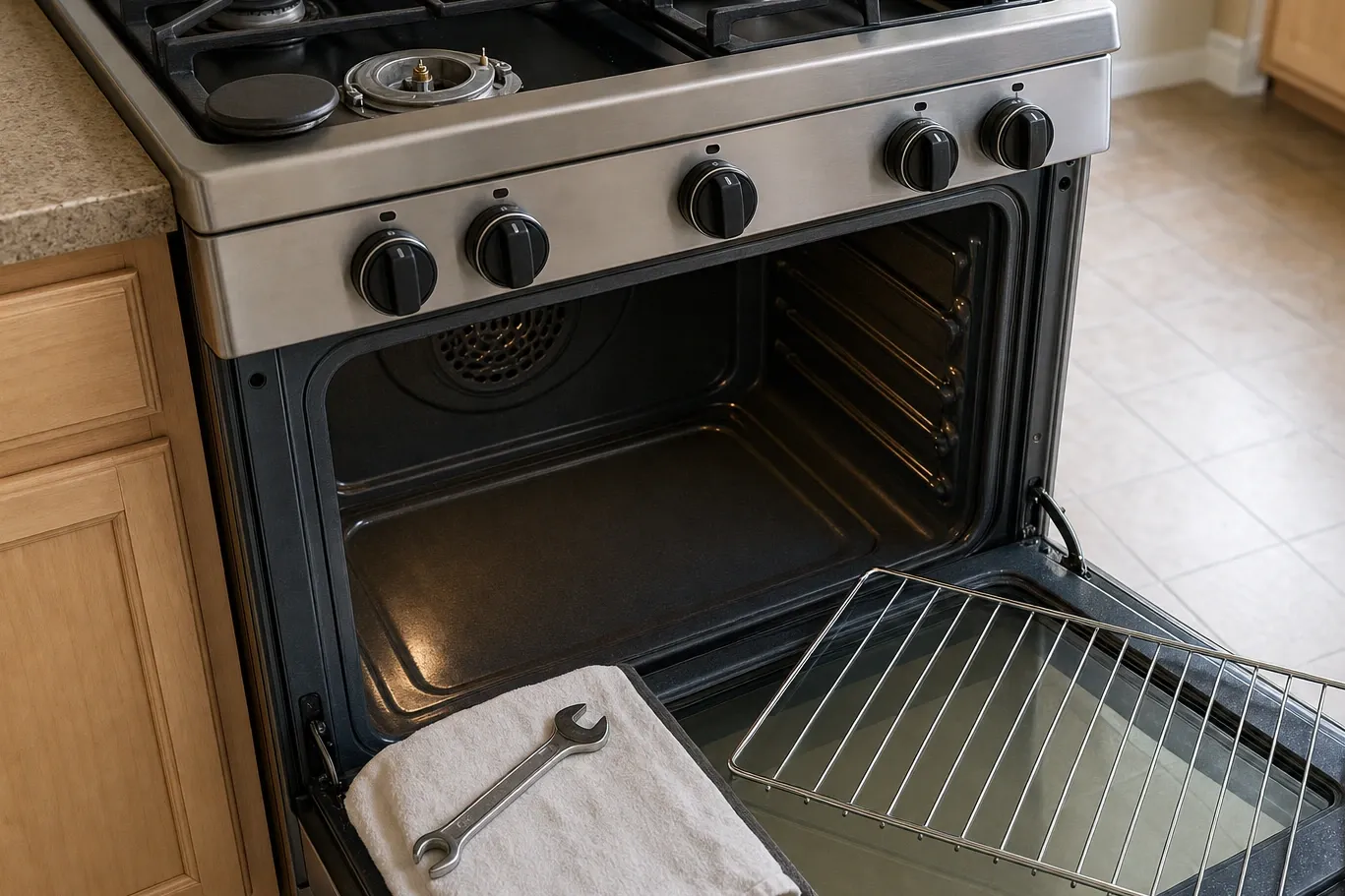 Close view of a range control panel with the oven door open, the convection fan cover on the rear cavity wall and one burner cap removed