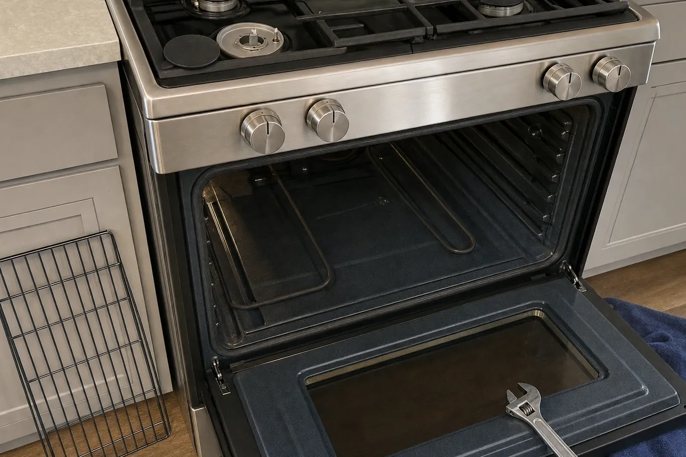 Open oven cavity with the bent tubular bake element exposed across its floor and an adjustable wrench on a cloth on the door