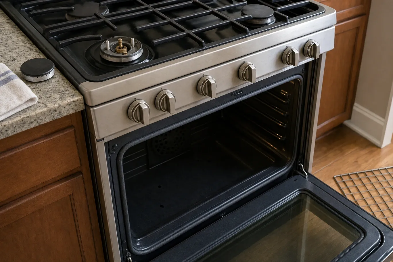 Single sealed gas burner stripped to the base, brass orifice and two spark electrodes exposed, its cap set on the counter